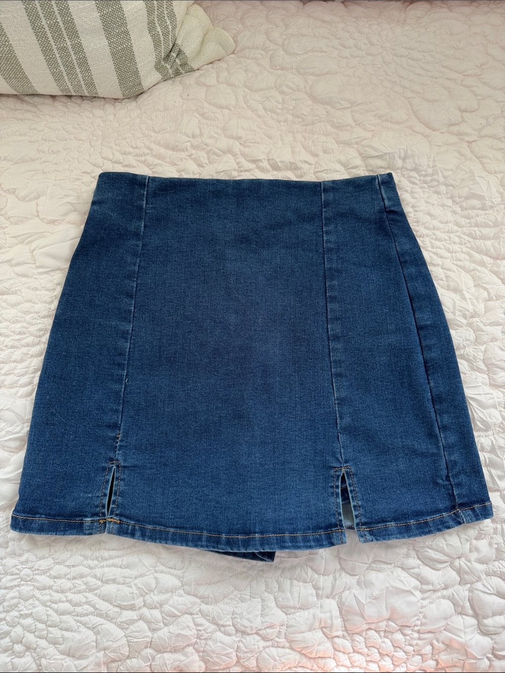High-Rise Dark Blue Denim Mini Skort with Front Slits